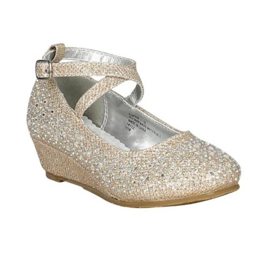 Toddler /Little/ Big Glitter Rhinestone Crisscross Kitten Wedge Heel Pump -RGold